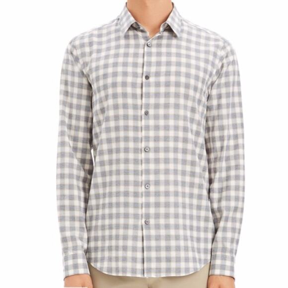 Theory Mens Medium M Desert Check Irving Flanella Button Down Shirt Gray Cotton - Picture 2 of 8